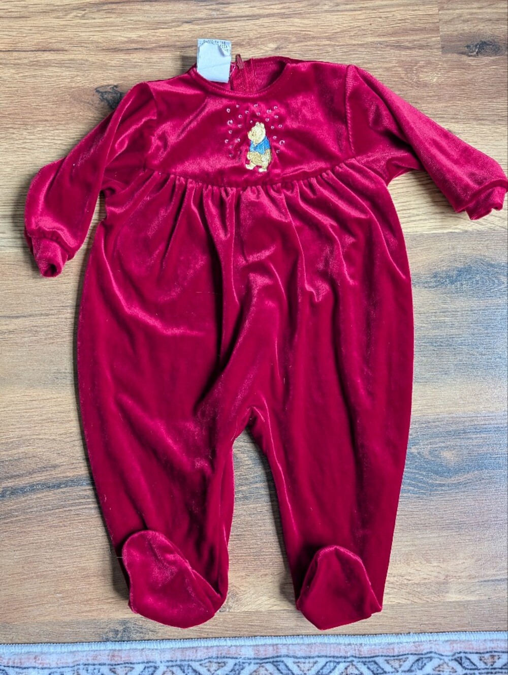Vintage Baby Classic Winnie The Pooh Velvet Baby Footed Jumpsuit in Deep Red 12m